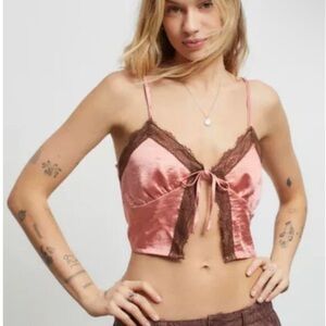 Motel Rocks Rose Pink Satin Bra Top with Brown Lace